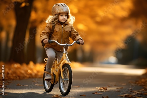 a little girl in yellow jacket riding a bike in the park