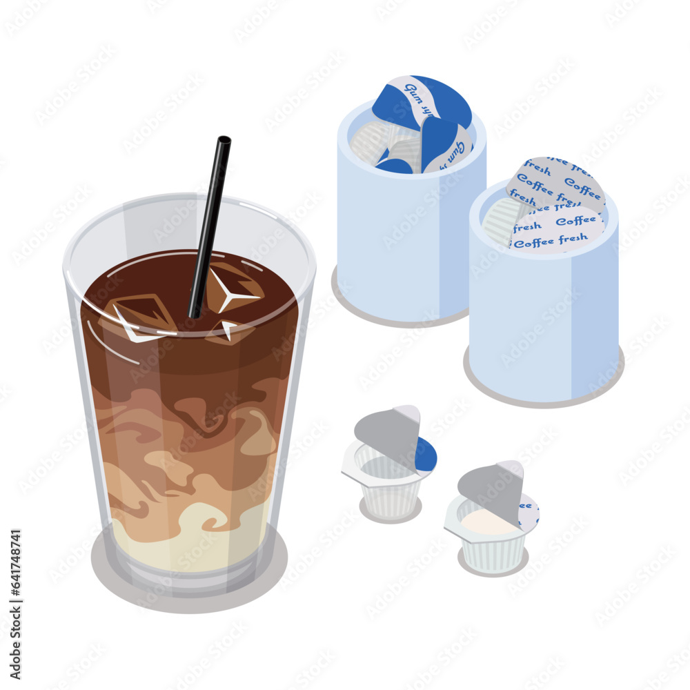 カフェラテとガムシロップとミルクのアイソメトリックベクターイラスト カフェラテとガムシロップとミルクのアイソメトリックベクターイラスト