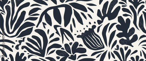 Hand drawn minimal abstract organic shapes seamless pattern, leaves and flowers. 