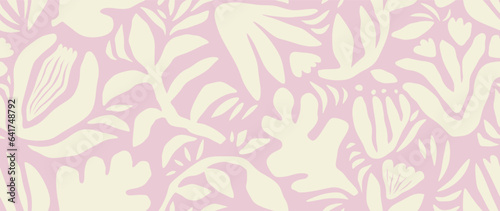 Hand drawn minimal abstract organic shapes seamless pattern, leaves and flowers.