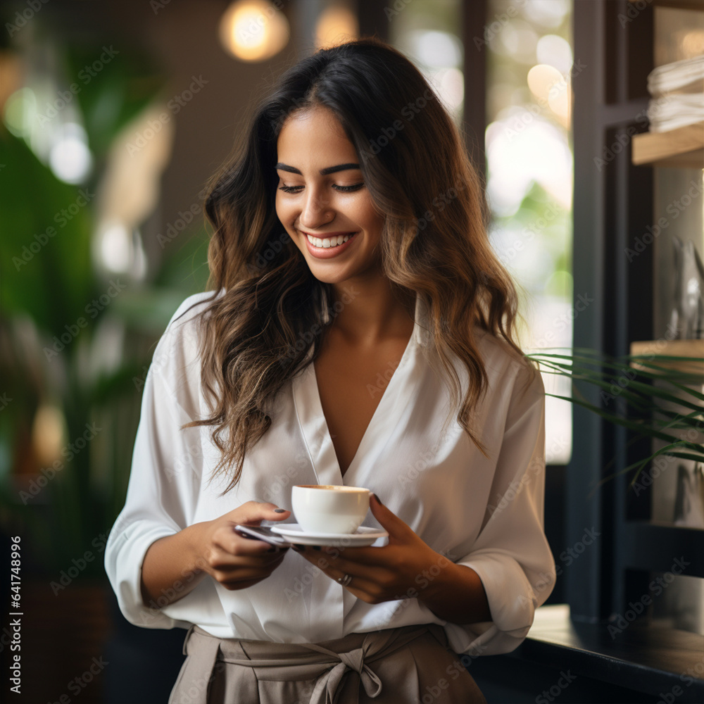 Young beautiful stylish woman with cup od coffee sitting in restaurant, ai technology - obrazy, fototapety, plakaty 