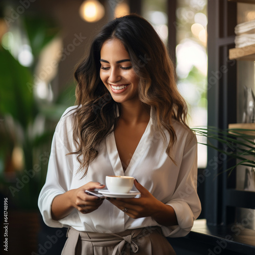 Young beautiful stylish woman with cup od coffee sitting in restaurant, ai technology