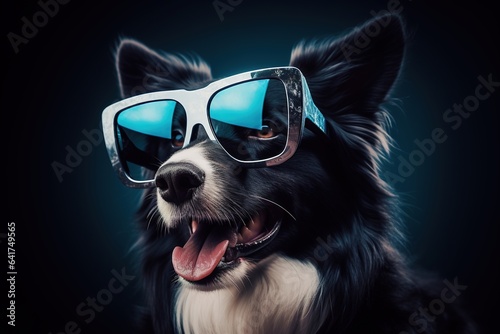 Border Collie dog rocking trendy sunglasses on black background.