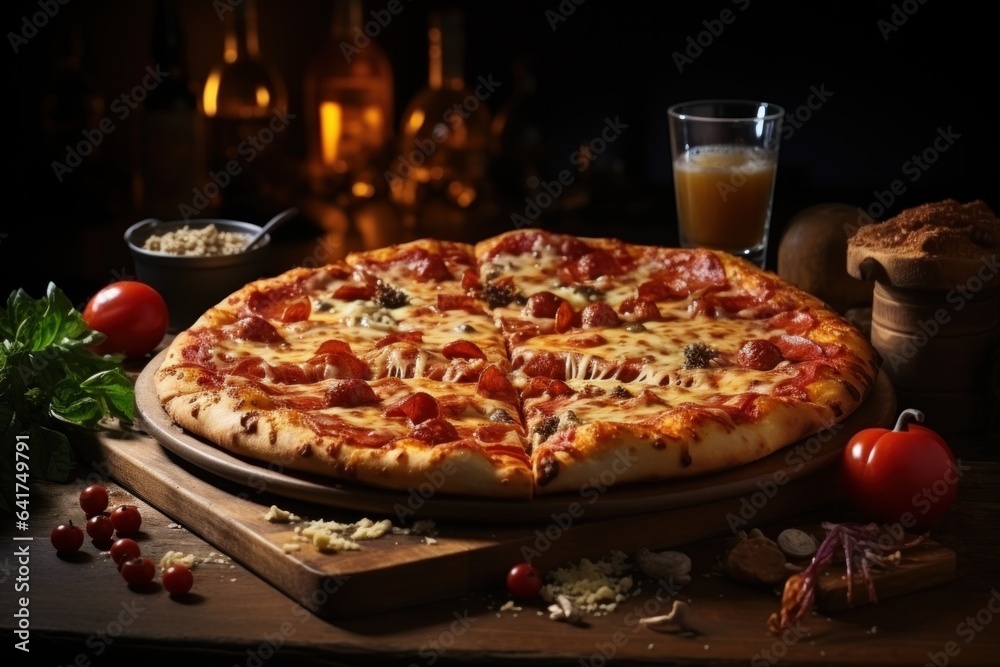 Pizza with salami and mozzarella on a dark background. 