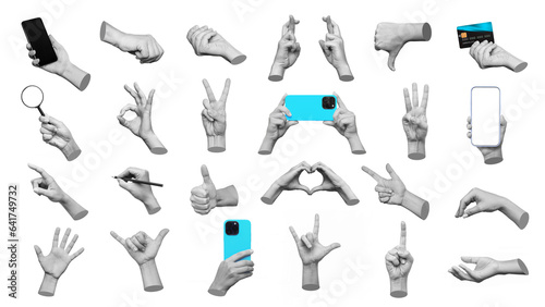 Set of 3d hands showing gestures ok, peace, thumb up, dislike, point to object, holding magnifier, mobil phone, banl card,writing on white background. Contemporary art, creative collage. Modern design