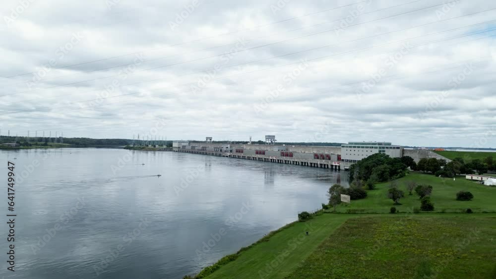 Aerial Drone Hydro Dam Hydroelectric Electricity Bridge Saunders in Cornwall Ontario Canada Aerial Drone Hydro Dam Hydroelectric Electricity Bridge Saunders in Cornwall Ontario Canada