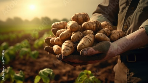 Farmer holding fresh potatoes in his hands on the field, harvest concept. 