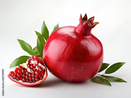 Pomegranate fruit with leaves isolated on white background. 3d illustration 