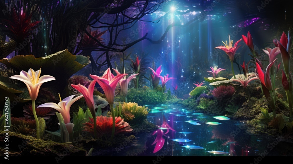 Fototapeta premium Cosmic lily in universe. Fantasy fairy tale abstract blossoming flowers with galaxy space illustration in the background with stars in cosmos. Neon psychedelic floral picture for card and banner..