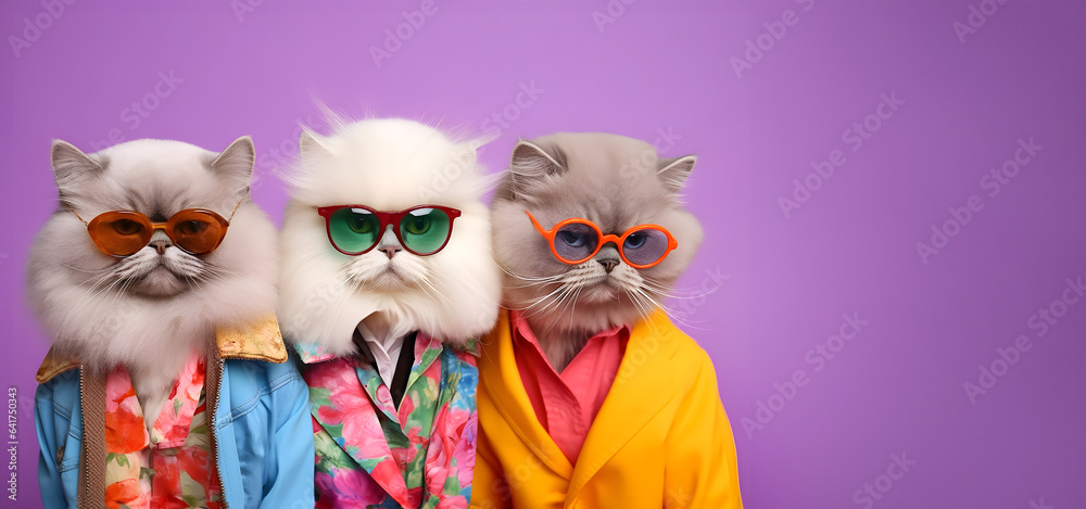 Obraz premium Creative animal concept. Persian Cat Kitten kitty in a group, vibrant bright fashionable outfits isolated on solid background advertisement, copy text space. birthday party invite invitation banner