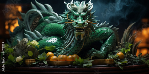 3 D illustration of a Green dragon the symbol of 2024. Chinese calendar concept. The new year of a green dragon
