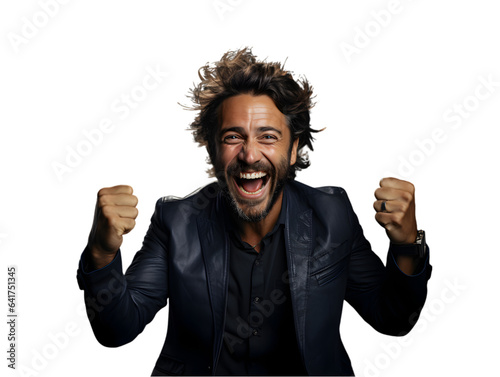 portret  biznesmena cieszącego się z sukcesu  w geście zadowolenia , przeźroczystość, png