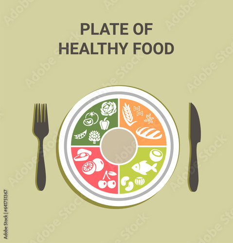 Plate of healthy food. Healthy plate. Vector illustration. Labeled educational food example scheme with vegetables, whole grains, fruit and protein as needed nutrition elements and ingredients.