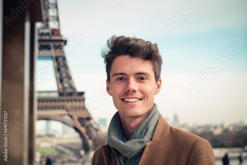 Headshot portrait photography of a blissful boy in his 30s wearing a chic pearl necklace against the eiffel tower. With generative AI technology