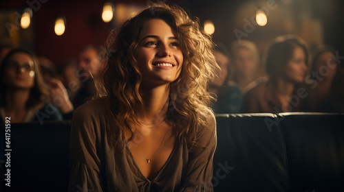 beautiful young woman smiling in a bright nightclub © Fotostockerspb