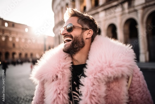 Lifestyle portrait photography of a cheerful boy in his 30s wearing an extravagant feather boa against the colosseum in rome italy. With generative AI technology