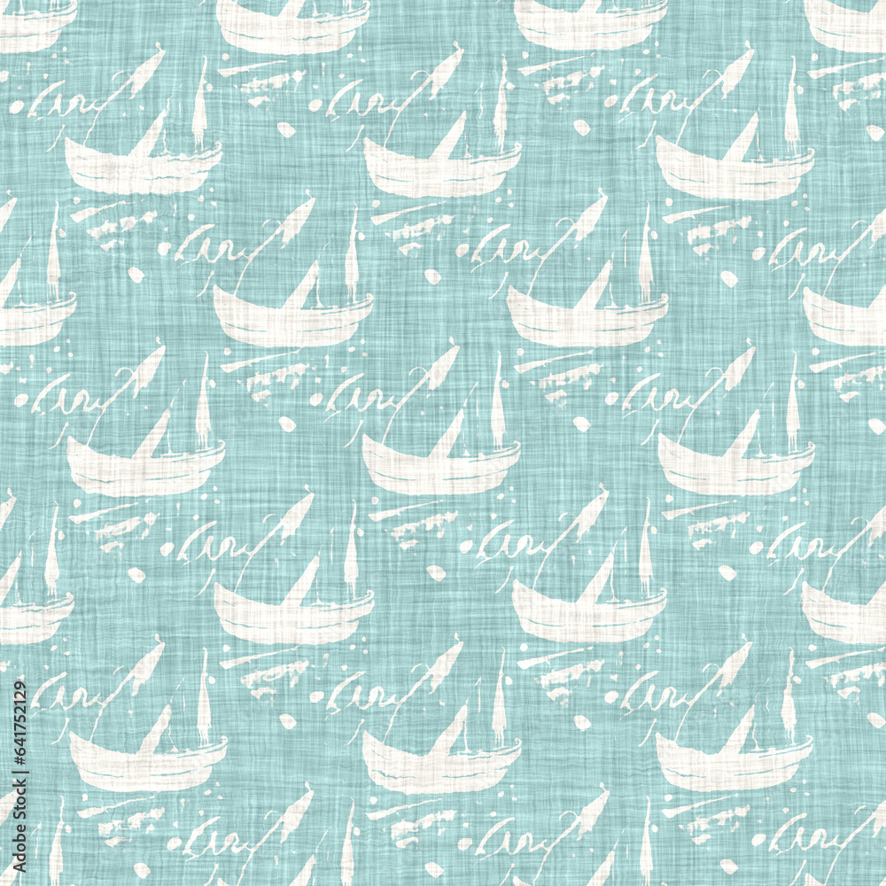 Fototapeta premium Teal aqua white vibrant watercolor batik azulejos tile background. Seamless coastal blur linen effect geometric mosaic effect.Boho Patchwork nautical masculine all over summer fashion repeat.