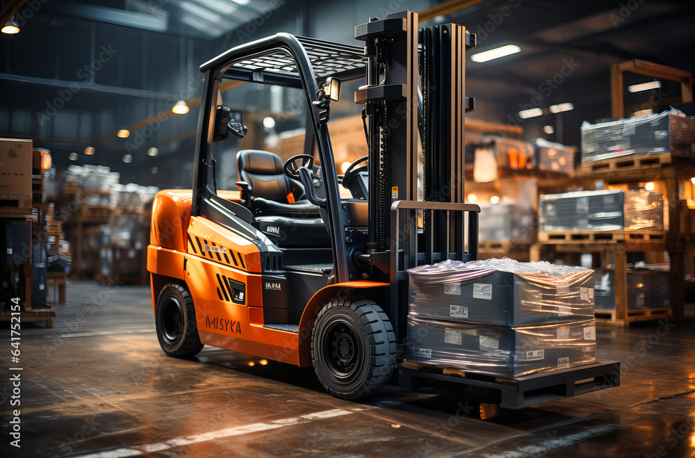 a forklift truck drives in a warehouse with boxes and packaging