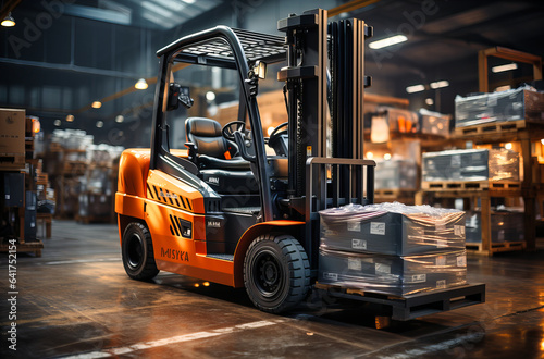 a forklift truck drives in a warehouse with boxes and packaging