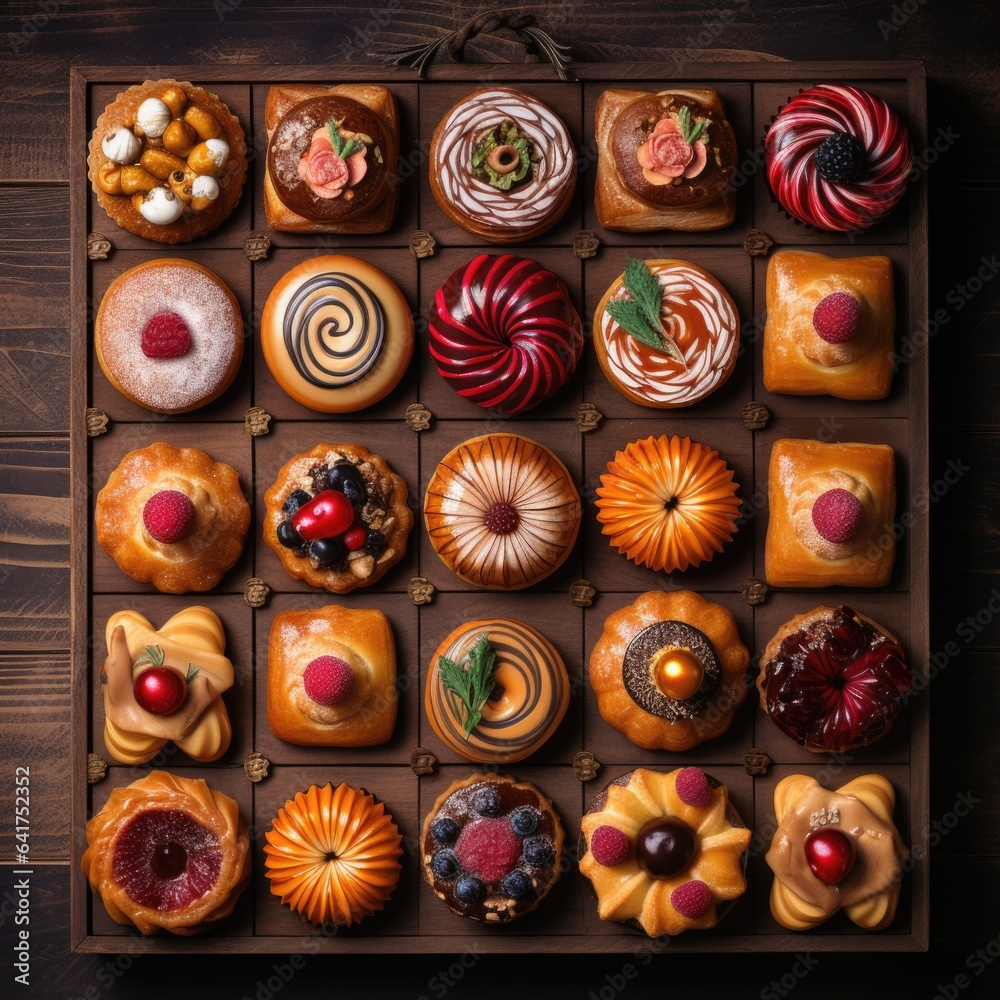 Assortment of sweet pastries on a wooden background, top view 