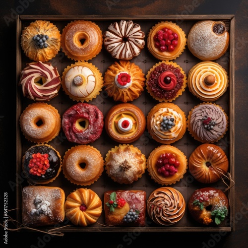 Assortment of sweet pastries on a wooden background, top view 