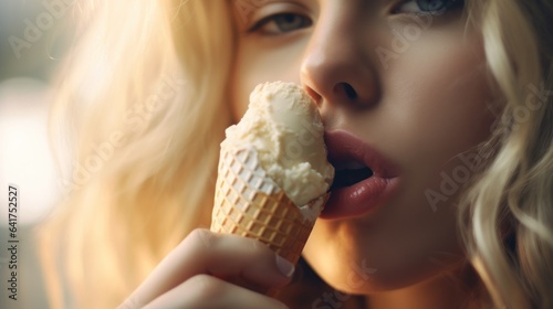 Close up portrait of young woman eating ice cream in waffle cone