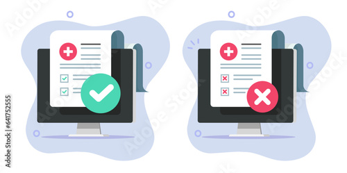 Health check up medical exam fail icon vector graphic, virtual digital diagnosis test on computer pc service, treatment online insurance from document report, clinic illness disease results image