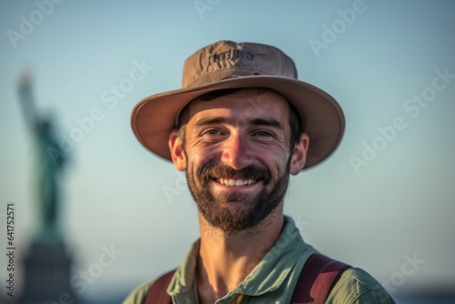 Headshot portrait photography of a grinning boy in his 30s wearing a practical bucket hat in front of the statue of liberty in new york usa. With generative AI technology