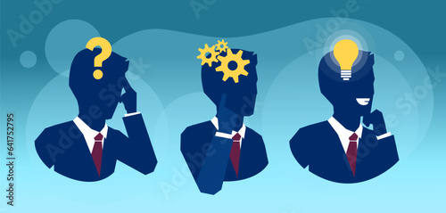 Vector sequence of a man thoughtful, thinking, finding solution with gear mechanism, question, lightbulb symbols.