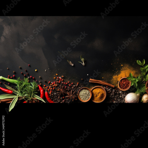 Various spices and herbs on black wooden background. Top view with copy space. 