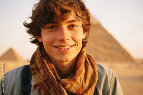 Close-up portrait photography of a grinning boy in his 20s wearing an elegant silk scarf in front of the pyramids of giza in cairo egypt. With generative AI technology photo