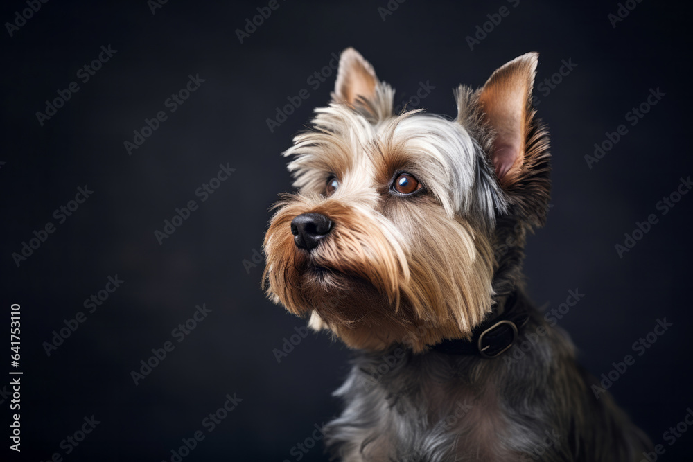 Portrait of cute Yorkshire terrier on black background. Pet animal studio shot concept Portrait of cute Yorkshire terrier on black background. Pet animal studio shot concept