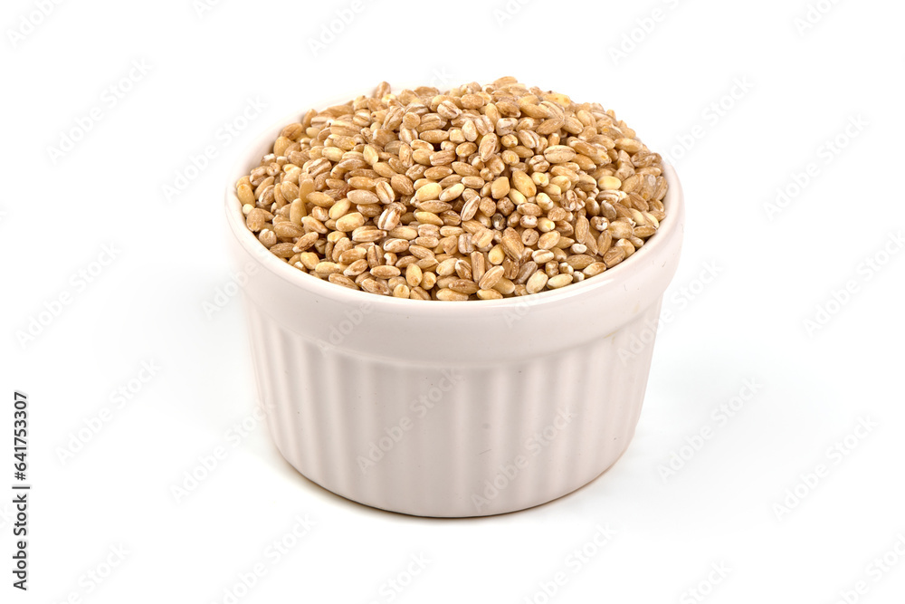 Pearl barley in rustic burlap, isolated on white background. Pearl barley in rustic burlap, isolated on white background.