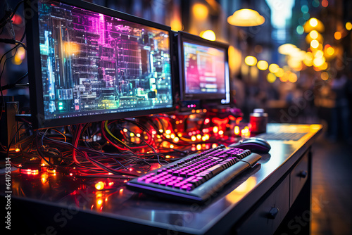 a picture of a computer with wires connecting to it with colorful lights © SK