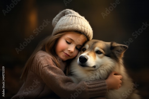Little girl hugs her husky dog and shares beautiful autumn moment. Dogs lover concept