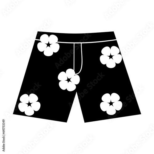 Black silhouette of beach shorts for men with floral patterns isolated on white. Clothes for swimming and relaxing cartoon illustration. Summer, beach holidays concept. Simple black and white vector