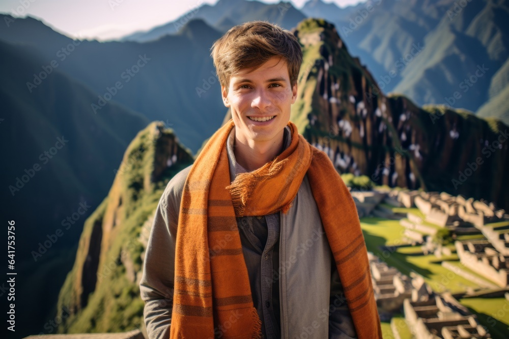 Environmental portrait photography of a cheerful boy in his 30s wearing an elegant silk scarf at the machu picchu in cusco peru. With generative AI technology