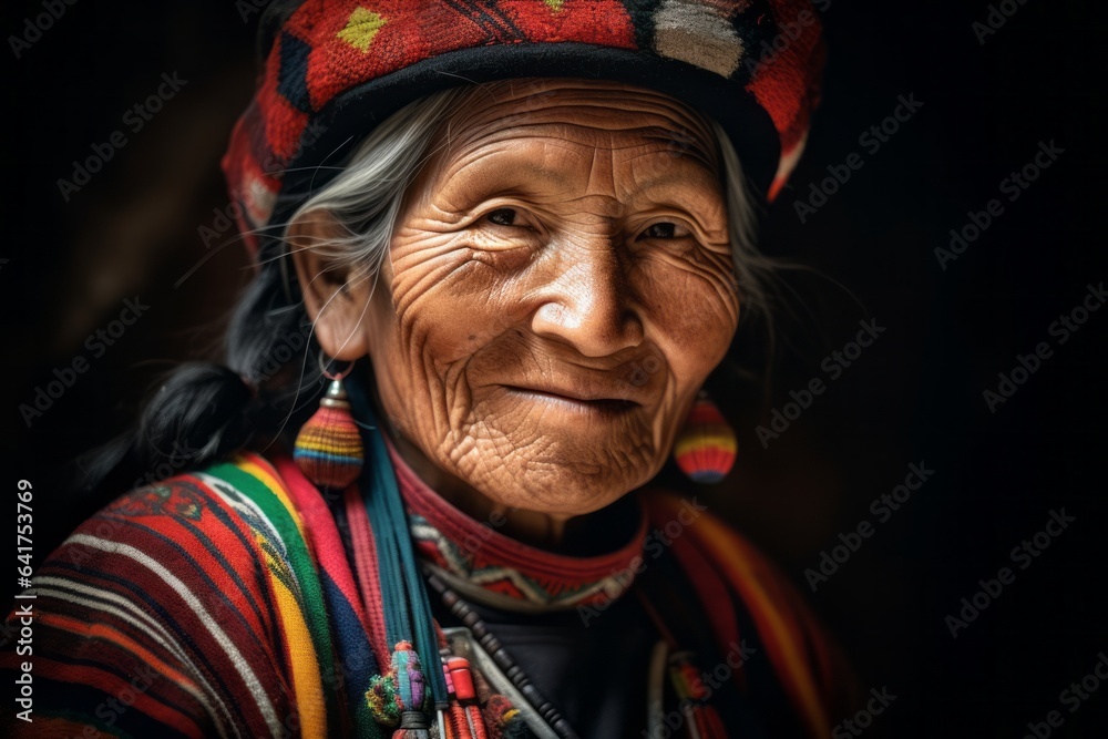 Obraz premium Close-up portrait photography of a cheerful girl in her 30s wearing a sparkling brooch at the machu picchu in cusco peru. With generative AI technology