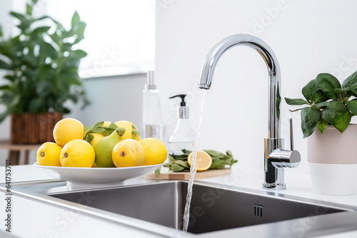 Washing fruit from a faucet into the sink in the kitchen.