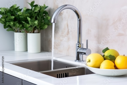 Washing fruit from a faucet into the sink in the kitchen.
