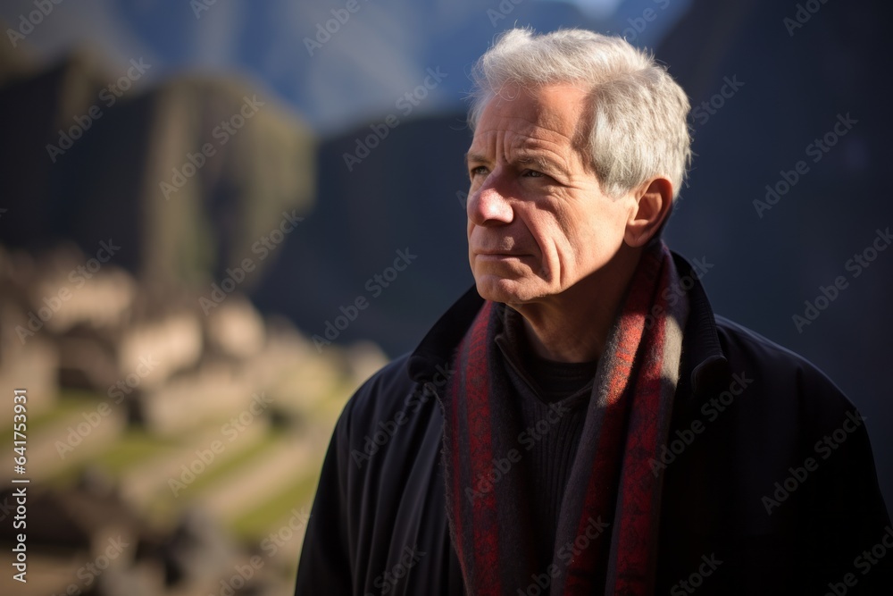 Photography in the style of pensive portraiture of a blissful mature man wearing a delicate lace choker at the machu picchu in cusco peru. With generative AI technology Photography in the style of pensive portraiture of a blissful mature man wearing a delicate lace choker at the machu picchu in cusco peru. With generative AI technology