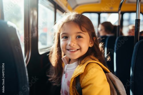 Little girl with a backpack in a school bus.