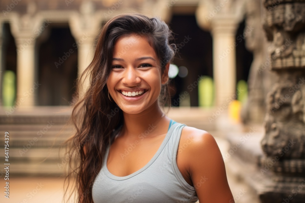 Lifestyle portrait photography of a happy girl in her 40s wearing a cute crop top at the angkor wat in siem reap cambodia. With generative AI technology