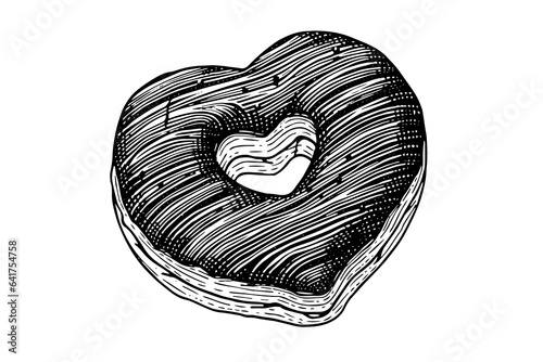 Heart shaped tasty donut engraving style. Hand drawn ink sketch vector illustration.