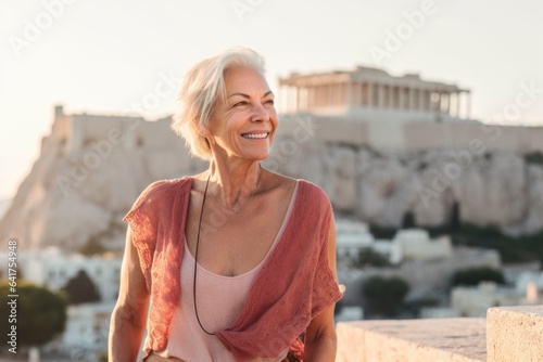 Medium shot portrait photography of a satisfied mature woman wearing a lace bralette in front of the acropolis in athens greece. With generative AI technology