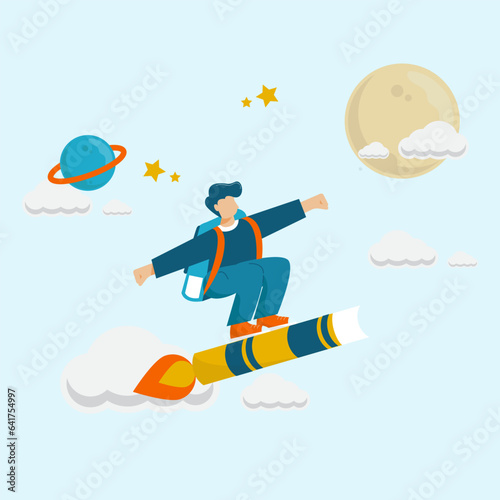 vector illustration of students flying into space using the knowledge they have learned, flat design concept