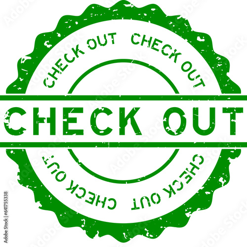 Grunge green check out word round rubber seal stamp on white background