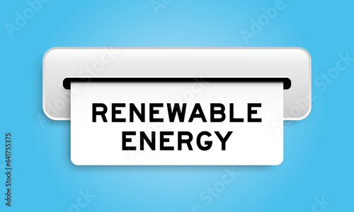 White coupon banner with word renewable energy from machine on blue color background
