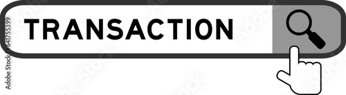 Search banner in word transaction with hand over magnifier icon on white background