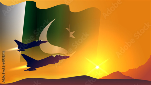 fighter jet plane with pakistan waving flag background design with sunset view suitable for national pakistan air forces day event